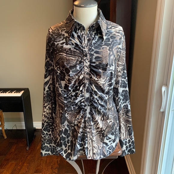 Franco Mirabelli Women’s Black, Brown, Cream Animal Print Dress Blouse Vintage - Picture 1 of 4